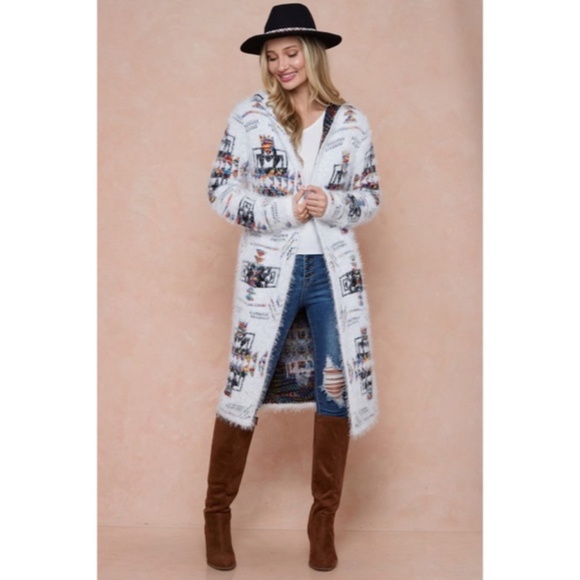 Aztec Rainbow Boho Cowichan Jacquard Eyelash Fuzzy Cardigan Knit Sweater - Picture 2 of 7
